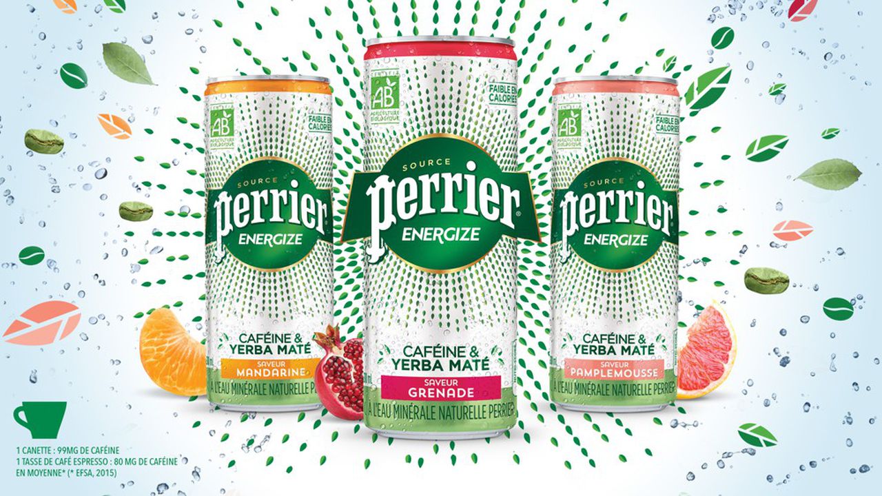 Perrier Energize, 100 % bio, apporte la même dose de caféine qu'un expresso. Il ne contient pas de taurine à la différence des grands concurrents comme Red Bull.